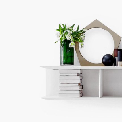Cat-themed decor with vase, books, and mirror on shelf.