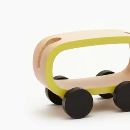 Wooden toy car with yellow accents and black wheels.