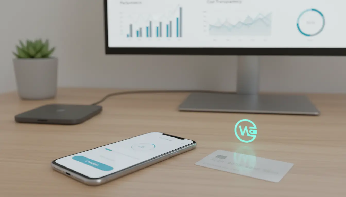 Smartphone and holographic display on desk with monitor.