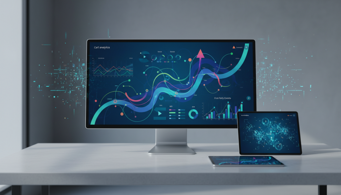 Digital analytics dashboard on monitor and tablet display.