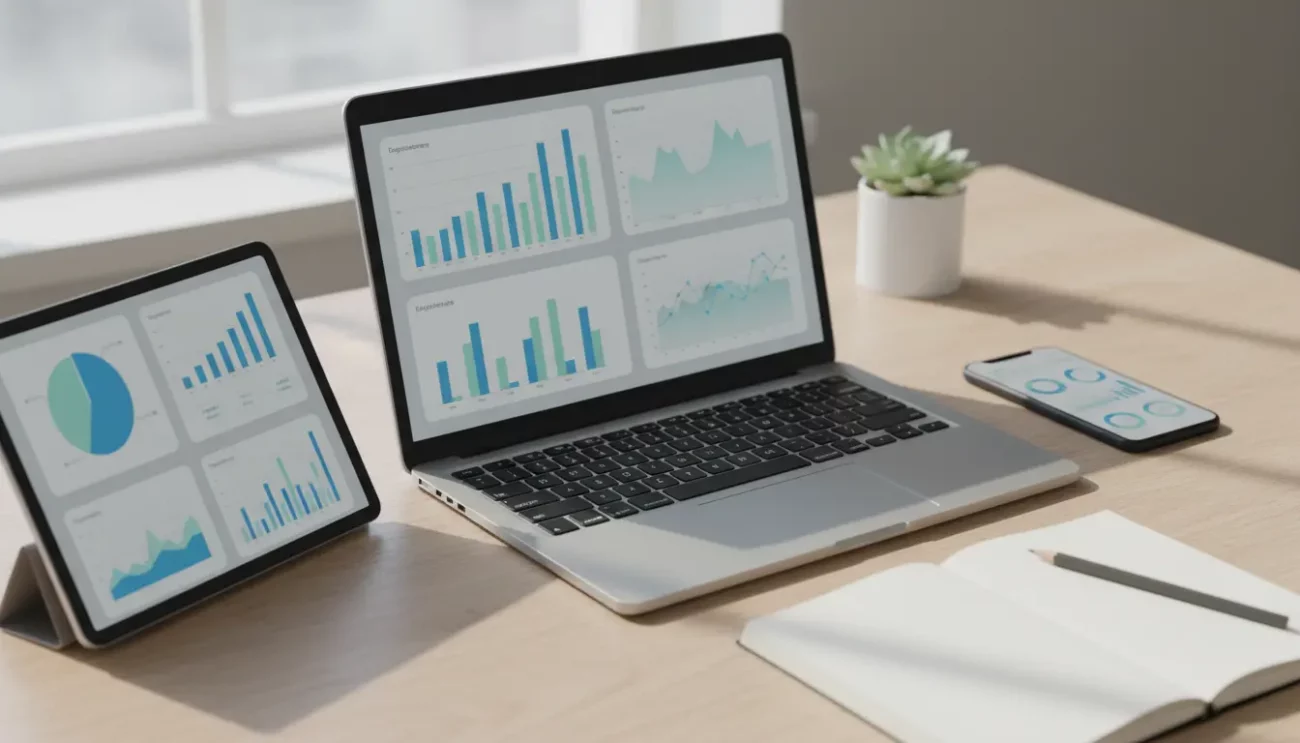 Laptop and tablet displaying data analytics on desk.