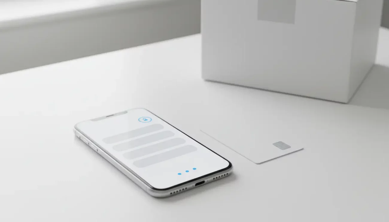 Smartphone with card on white desk, minimalistic setup.