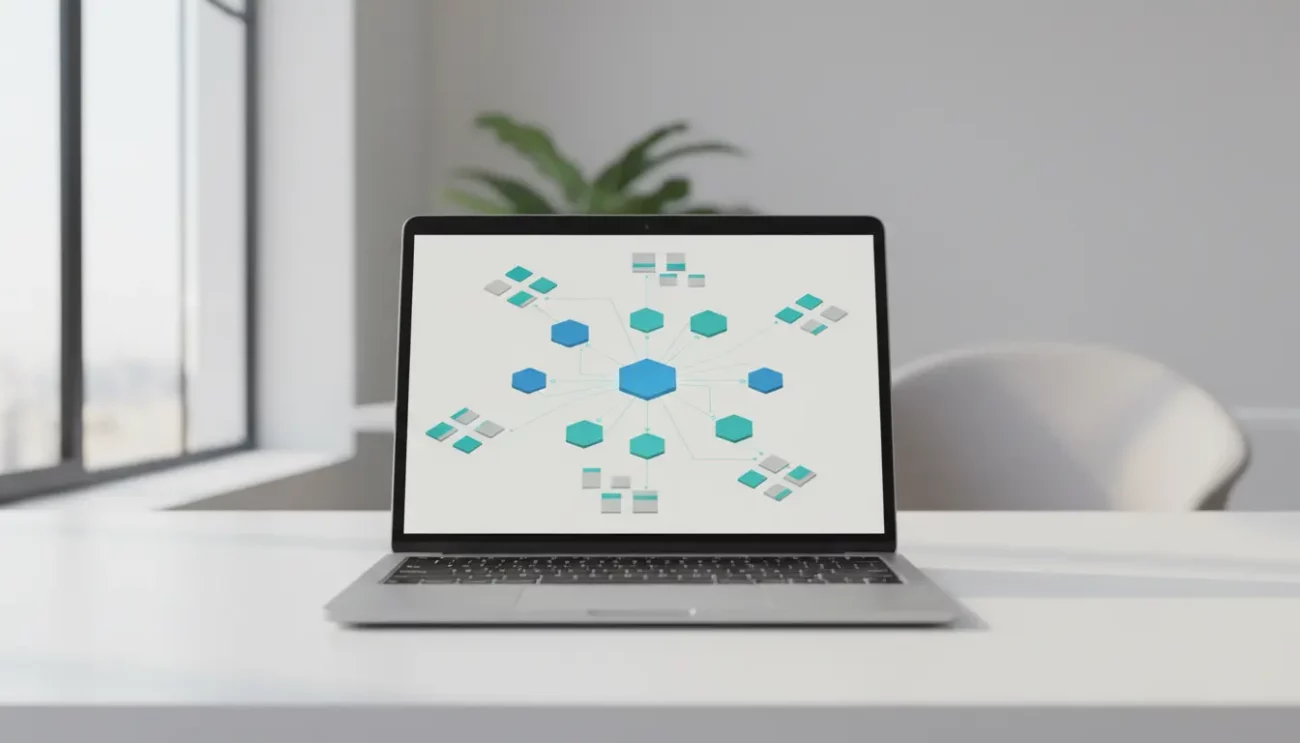 Laptop displaying network diagram on office desk.