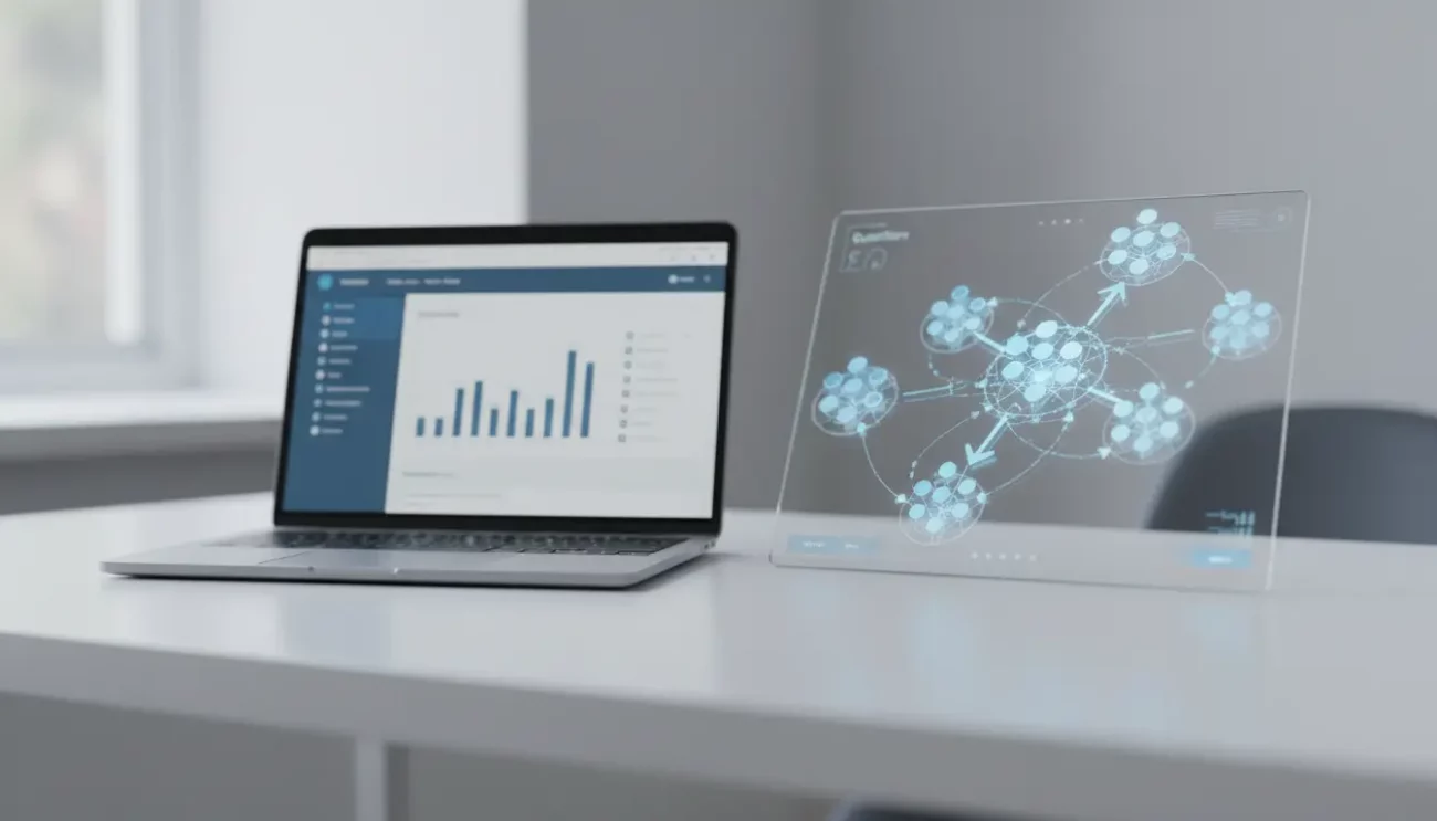 Laptop with data graphs beside futuristic digital interface.