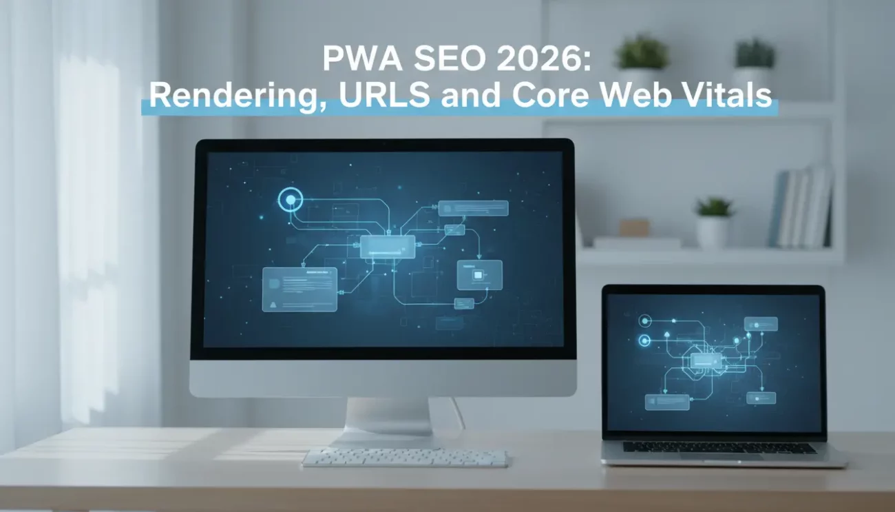 PWA SEO 2026 on computer and laptop screens.
