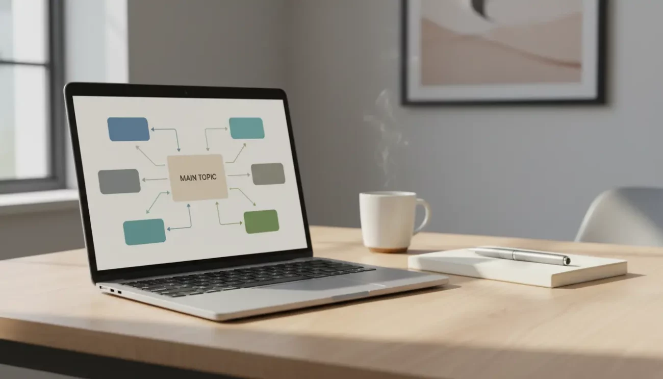 Open laptop with mind map on wooden desk.