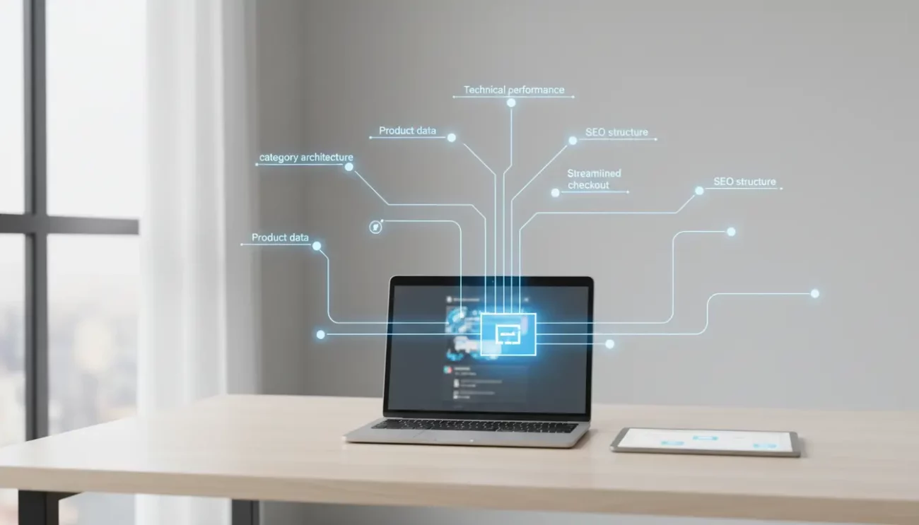Laptop displaying digital SEO data connections on a desk.