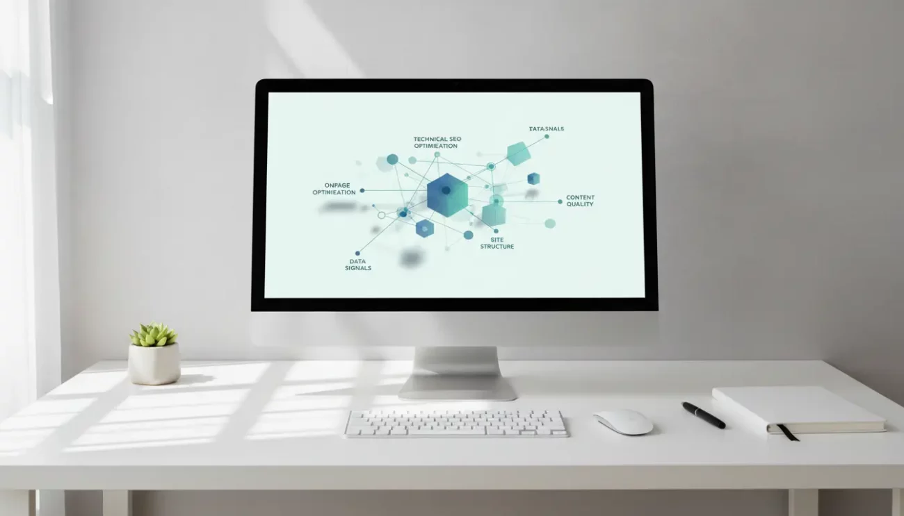 SEO strategy diagram on computer screen in modern office.