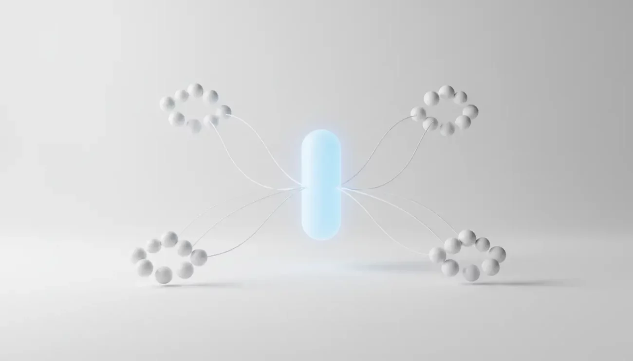 Futuristic network concept with glowing central hub and nodes.
