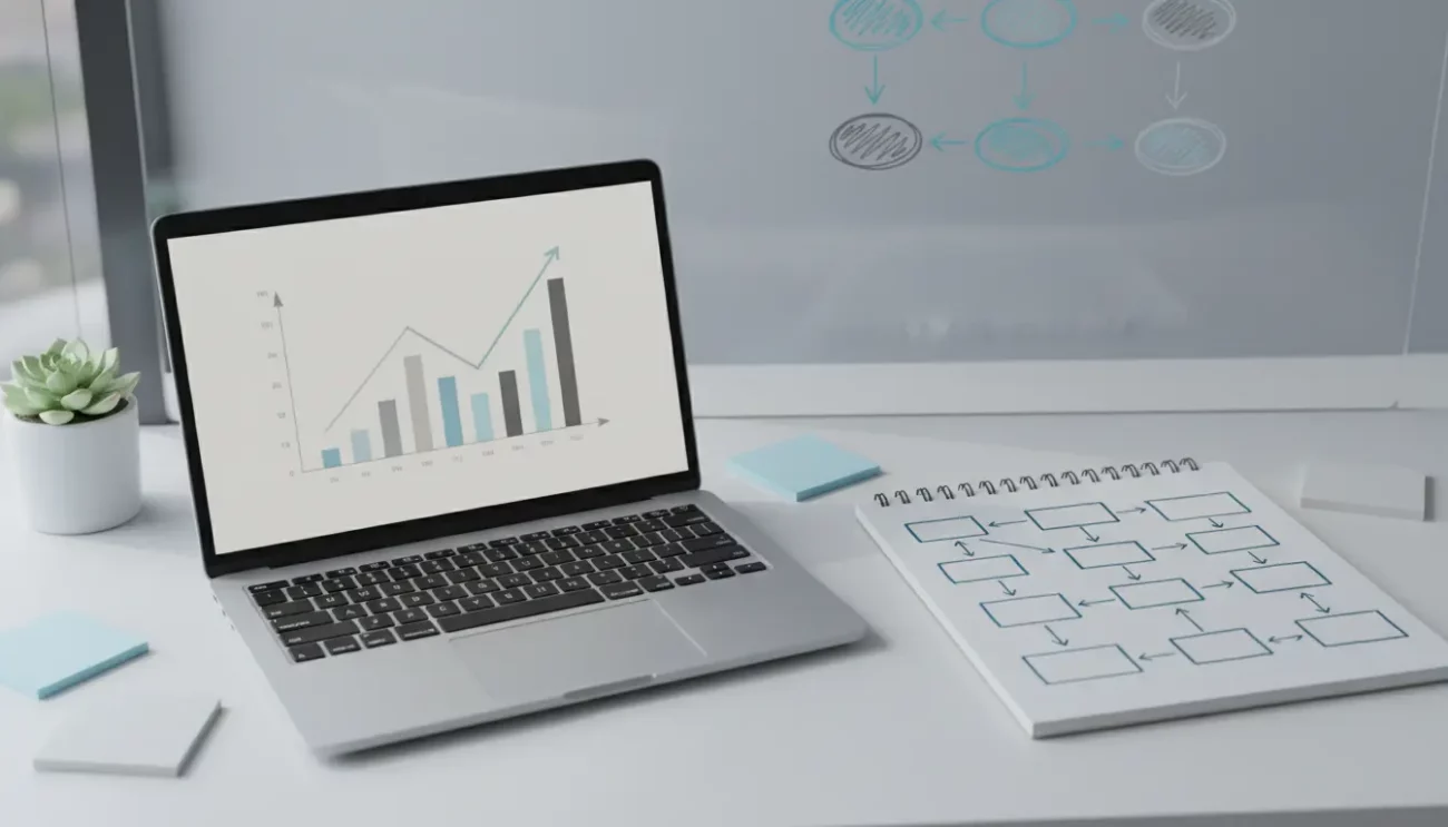Laptop displaying graph next to flowchart on desk.