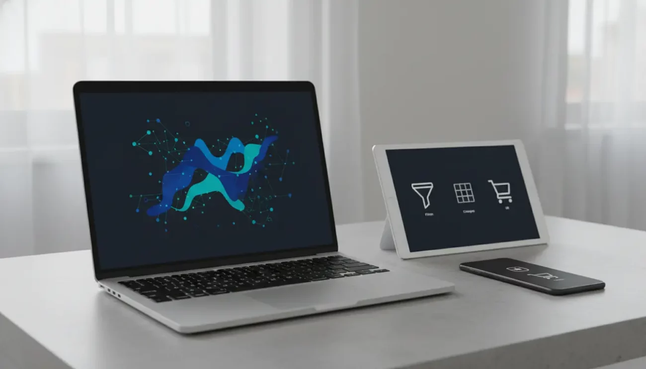 Laptop and tablet on desk with digital marketing icons.