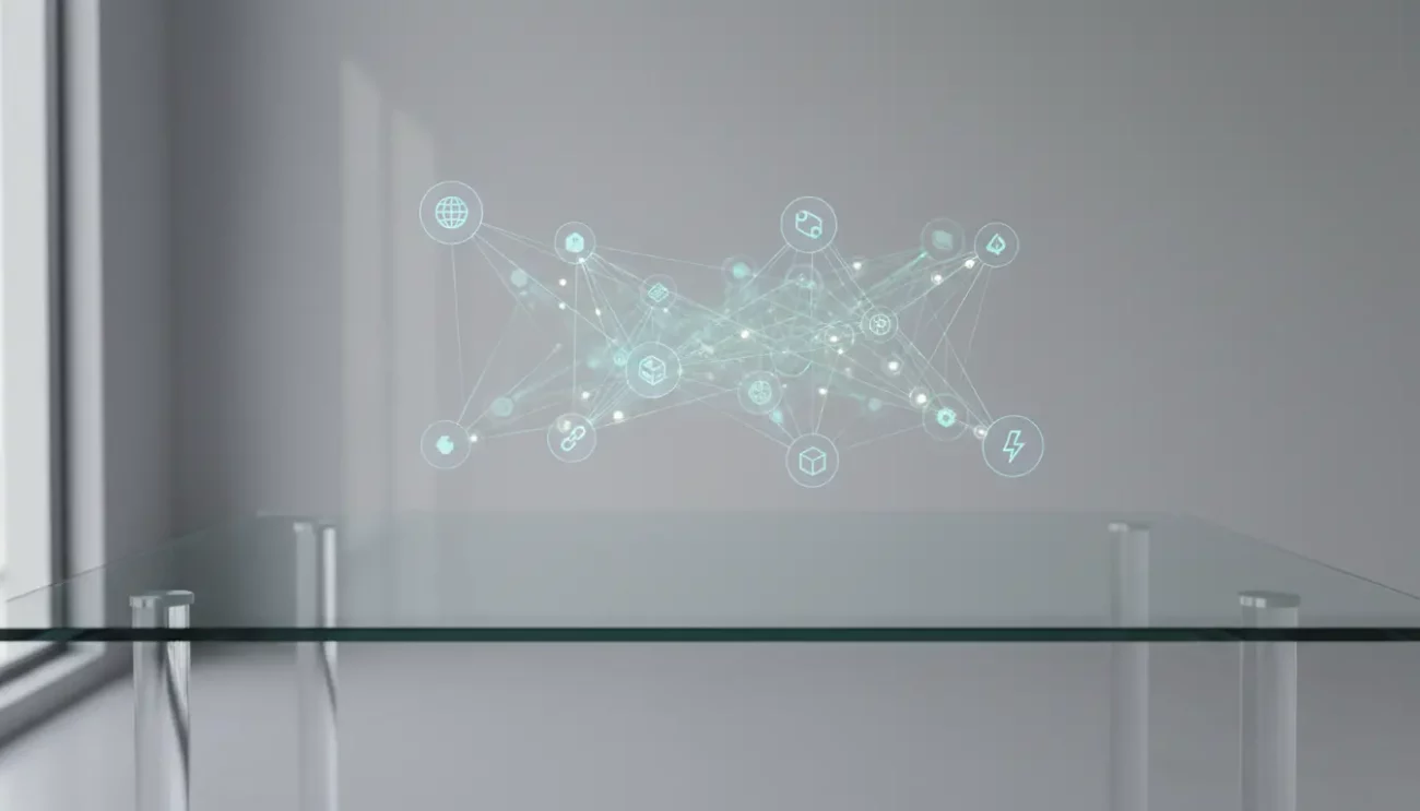 Digital network hologram on glass table in modern office.