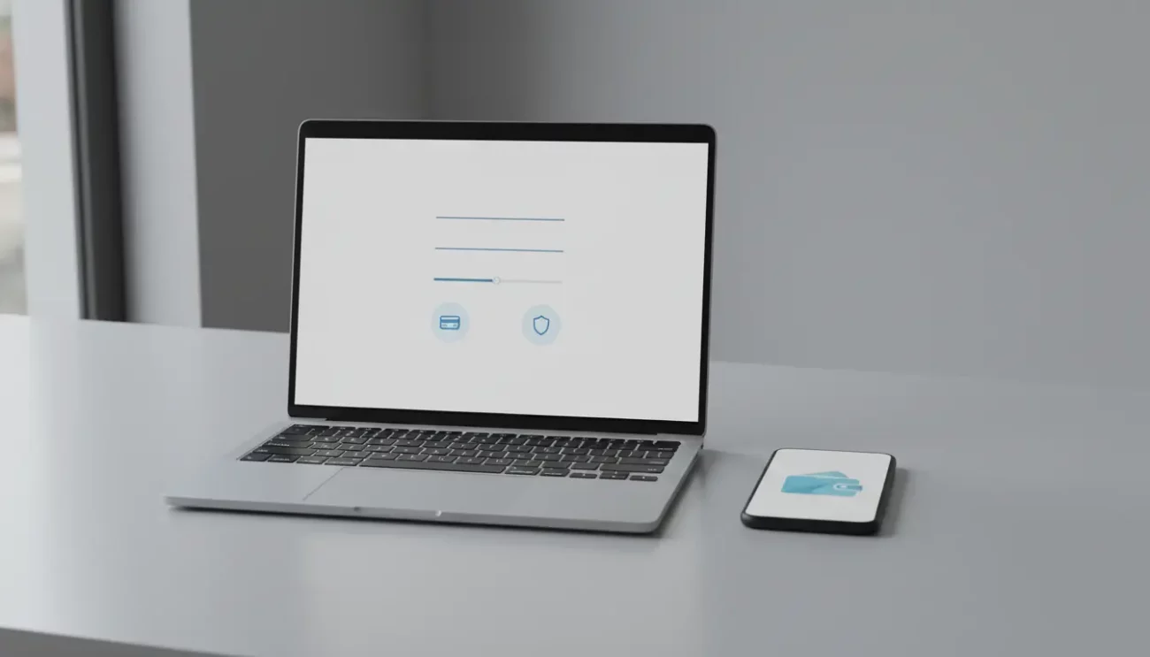 Laptop and smartphone on desk with security icons displayed.