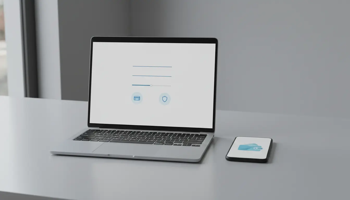 Laptop and smartphone on desk with security icons displayed.