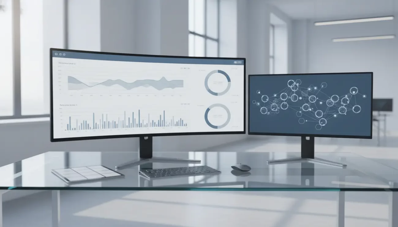 Dual monitors displaying data analytics and network visualization.