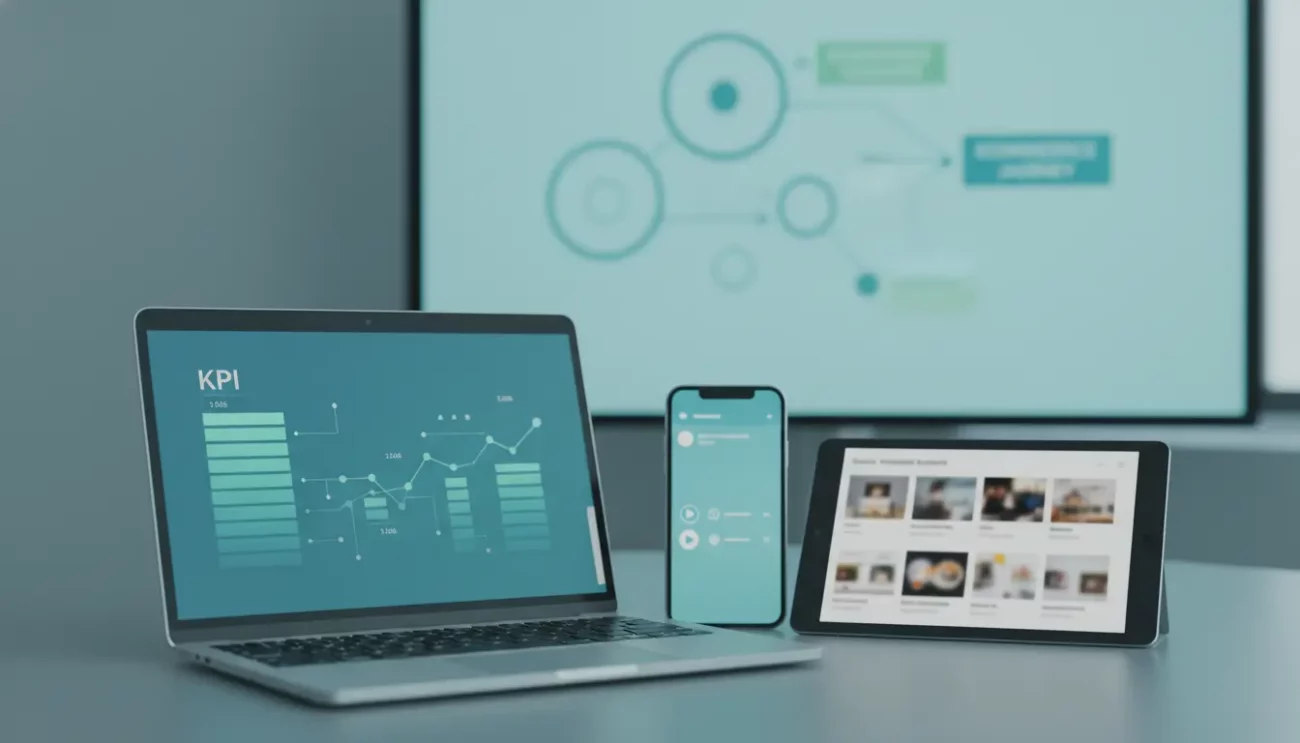 Digital marketing analytics on laptop, smartphone, and tablet screens.