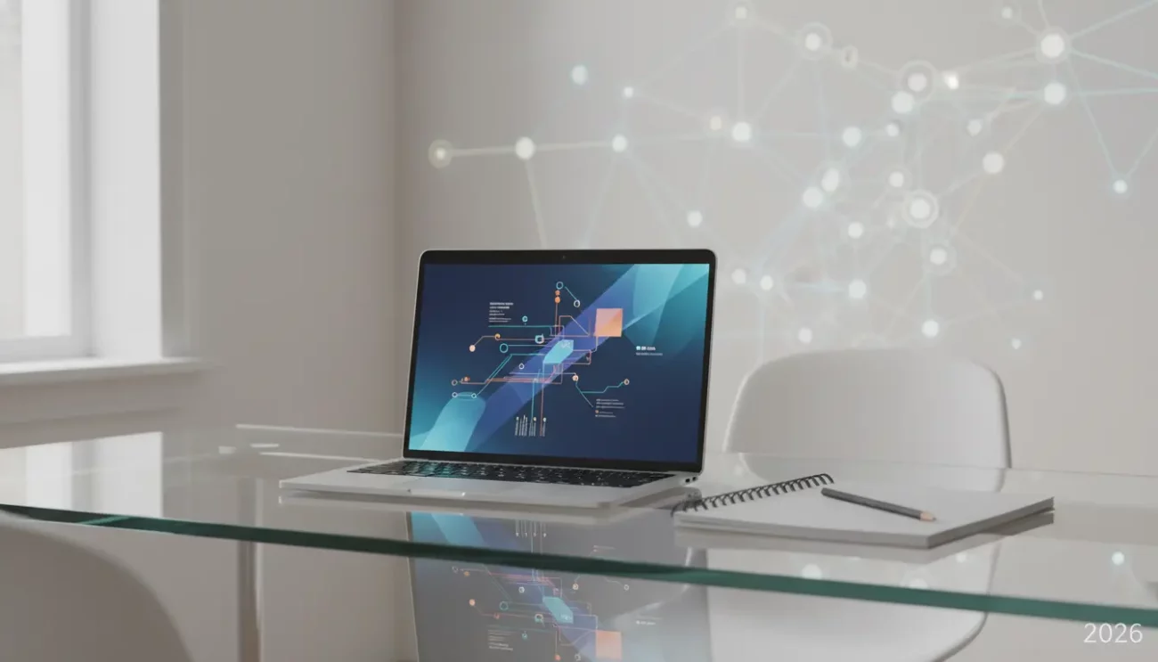 Laptop with digital analytics on screen, modern office setting.