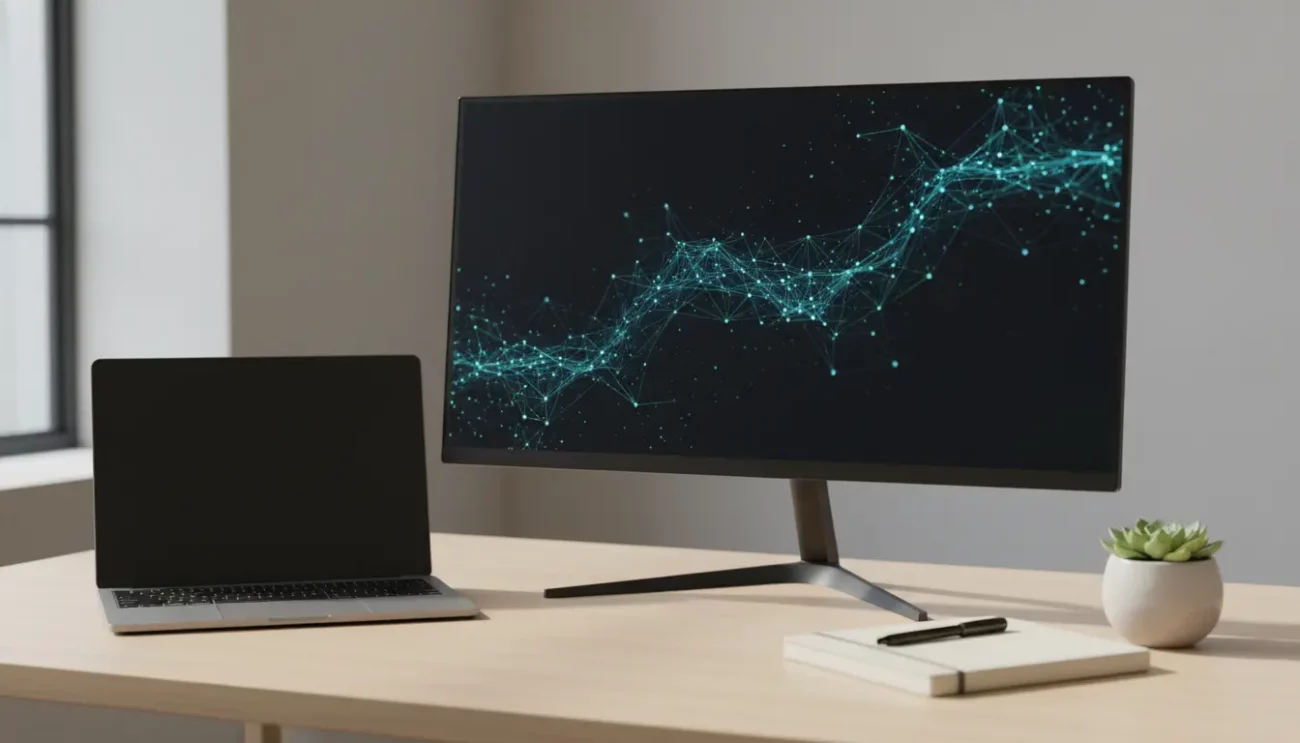 Modern workspace with laptop, monitor, and abstract digital graph.