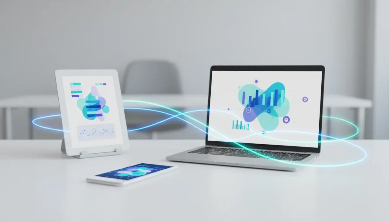 Laptop and tablet displaying data analytics on desk.