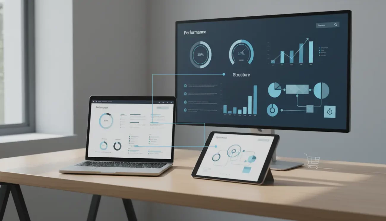 Laptop, tablet, and monitor displaying performance analytics.