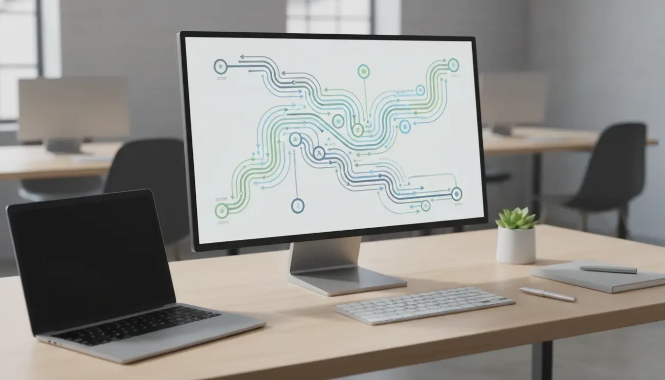 Modern office desk with computer displaying data flow diagram.
