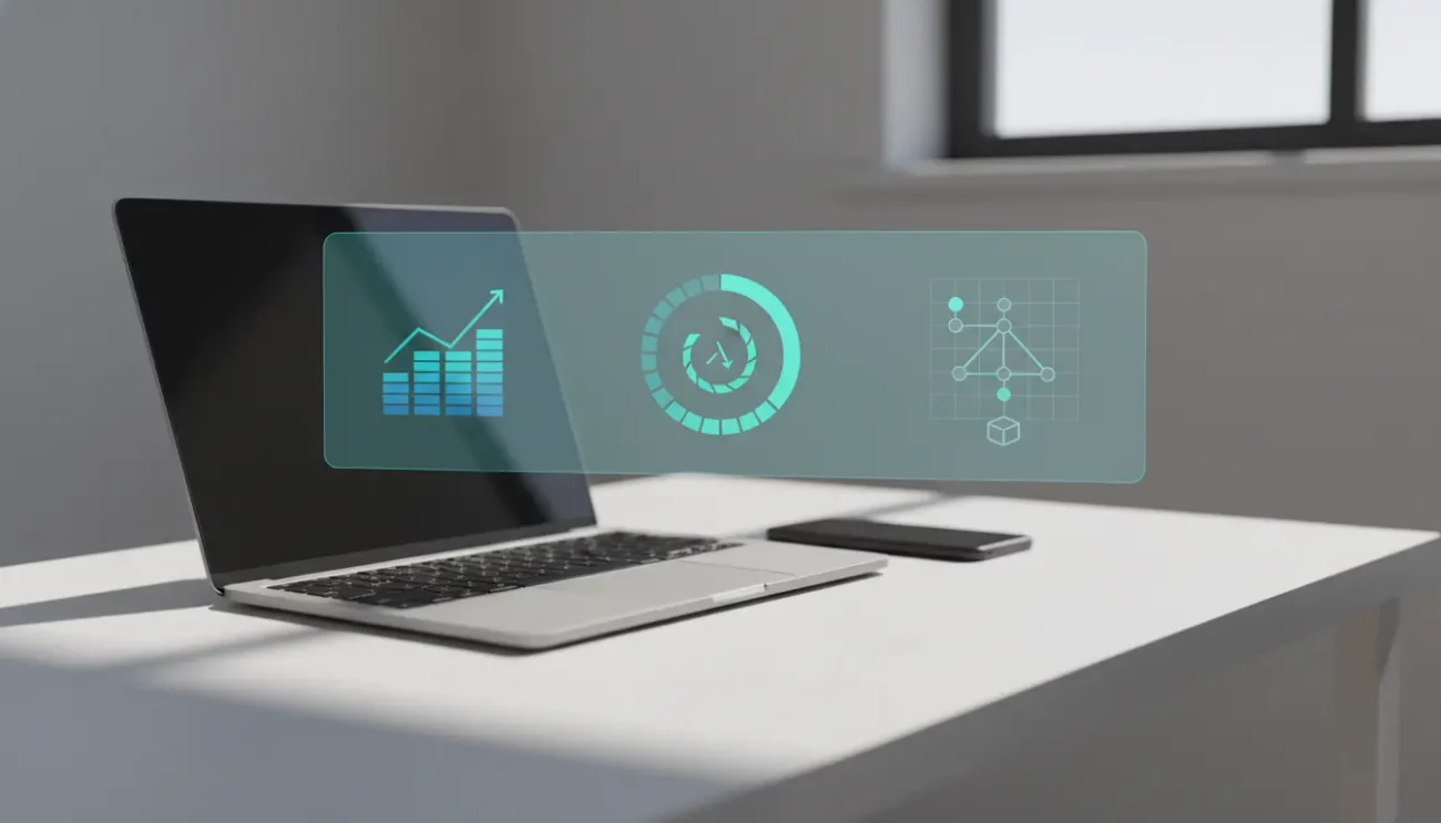 Laptop with digital analytics icons on desk.