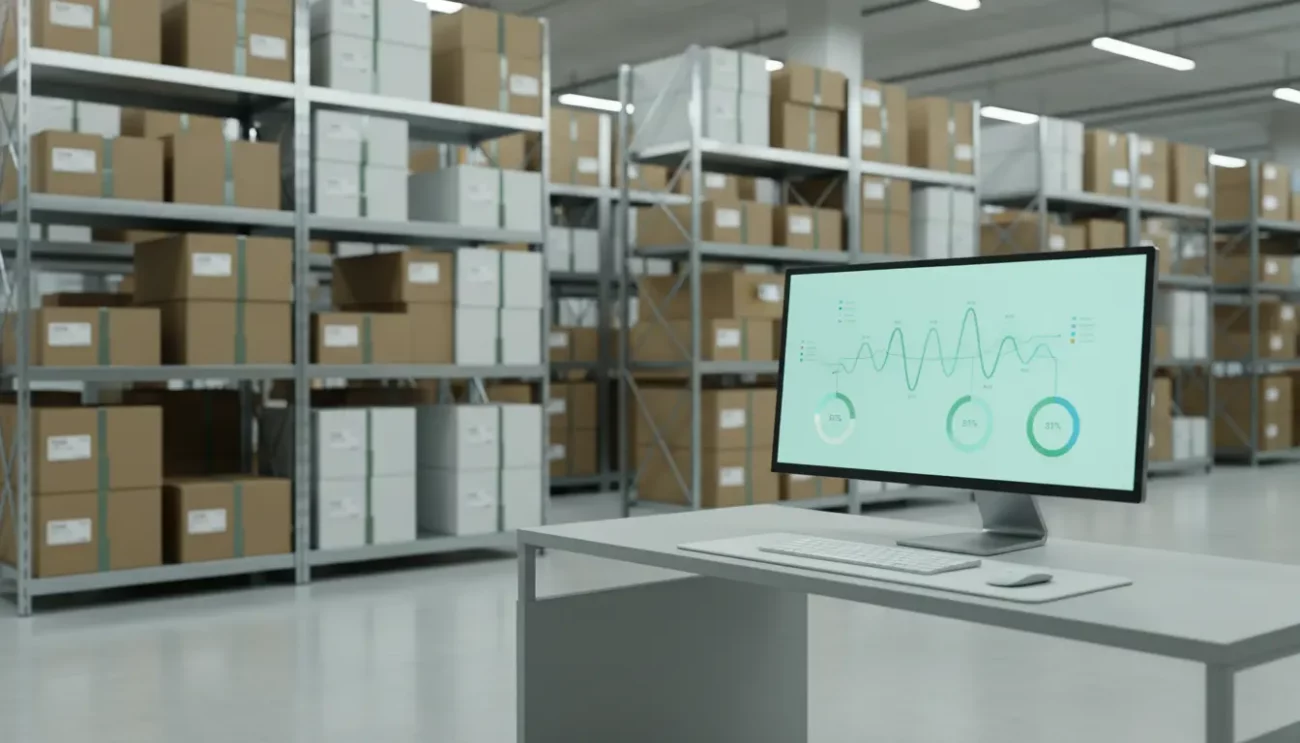 Modern warehouse with inventory data on computer screen.