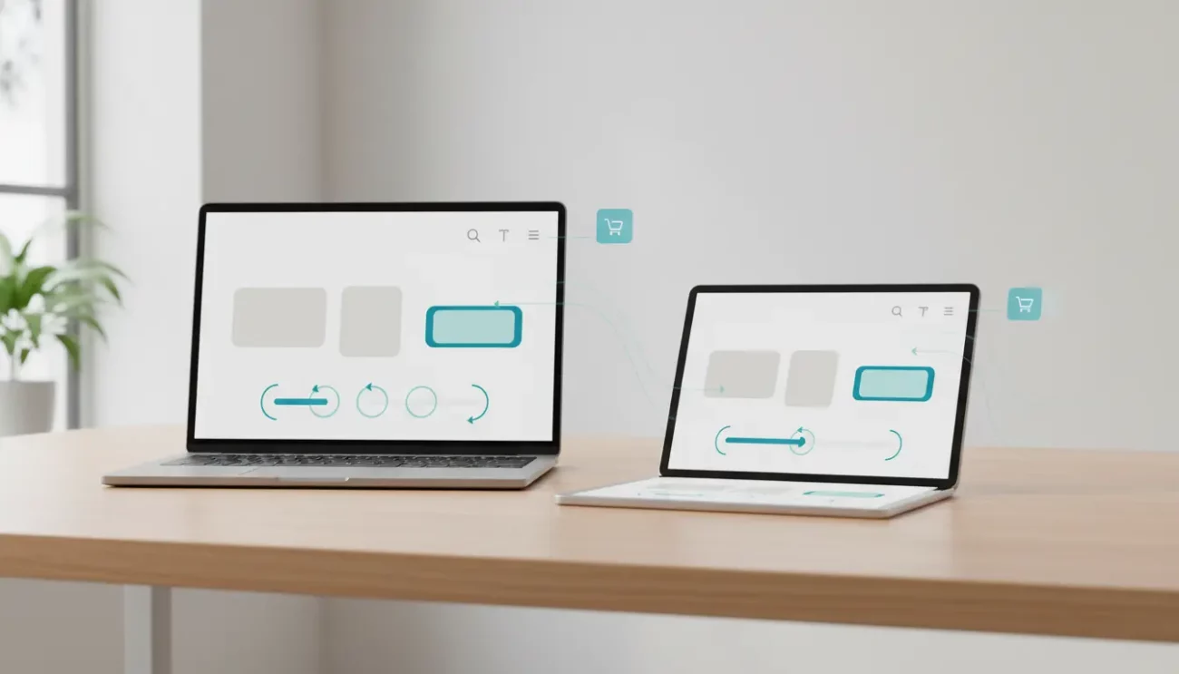 Laptops displaying website design on wooden desk.
