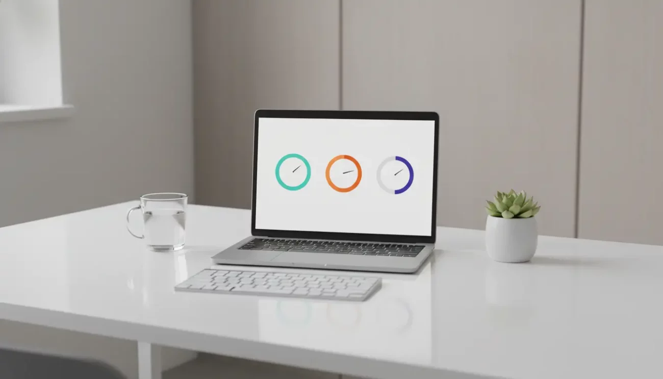 Laptop on desk displaying colorful speedometer graphics.