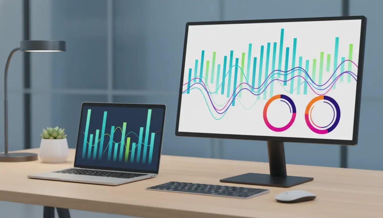 Dual monitors displaying colorful data analytics graphs.