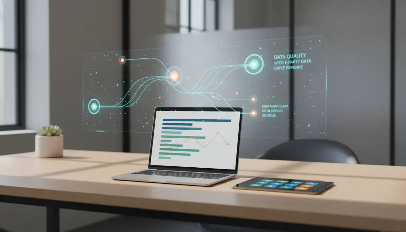 Laptop displaying data analytics on modern office desk.