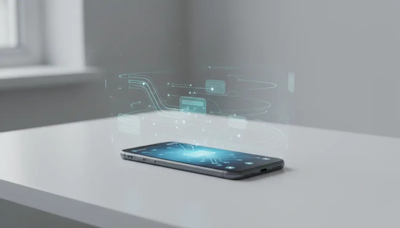 Holographic digital interface projecting from smartphone on table.