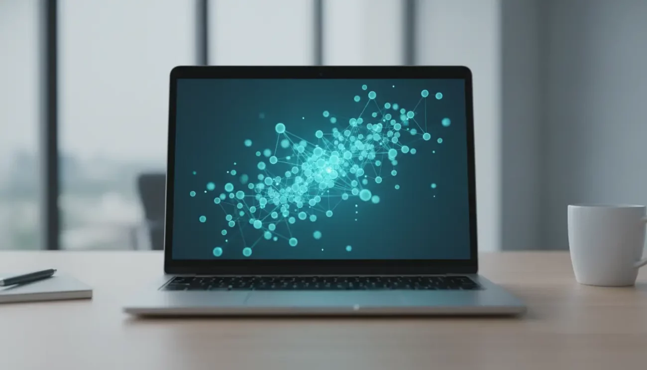 Laptop displaying digital network connections on screen.