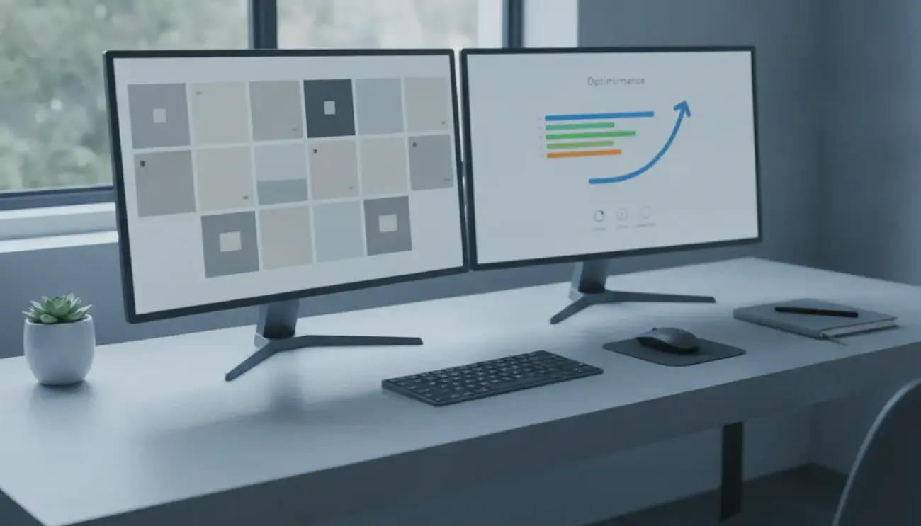 Zwei Monitore zeigen Diagramme auf einem hellen Schreibtisch.