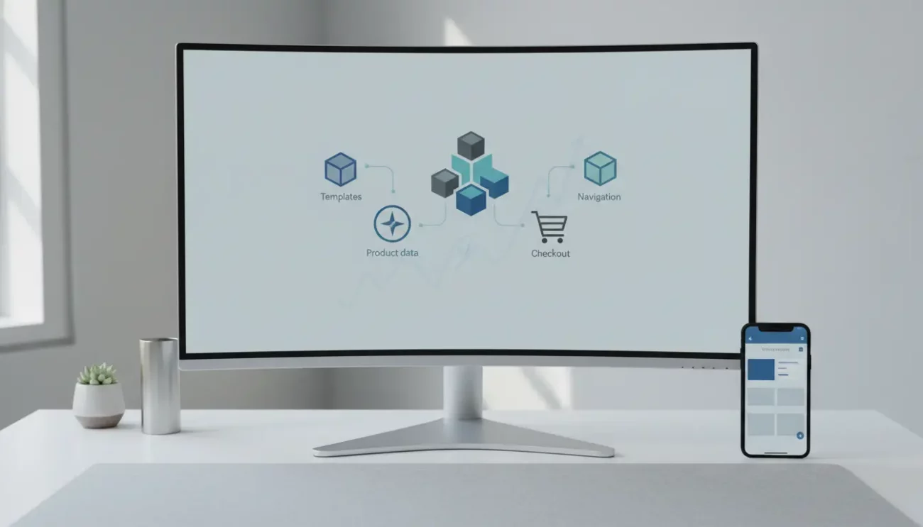 Curved monitor displaying e-commerce workflow diagram.