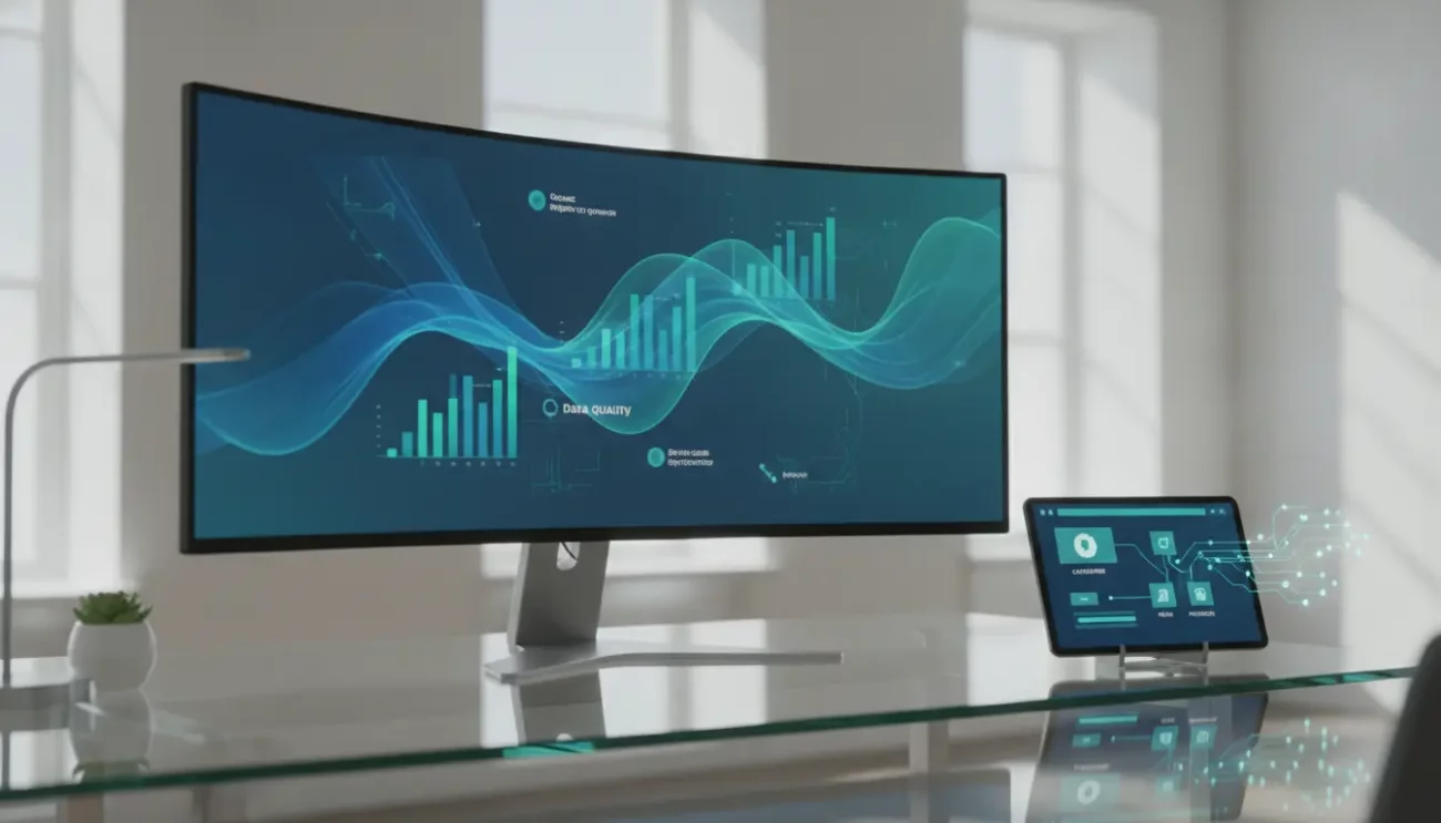 Großer Monitor zeigt Diagramme, daneben Tablet im Büro.