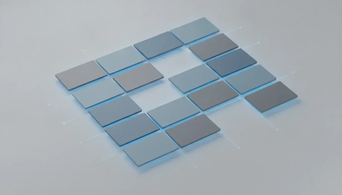 Blau leuchtende quadratische Platten in Gitteranordnung.
