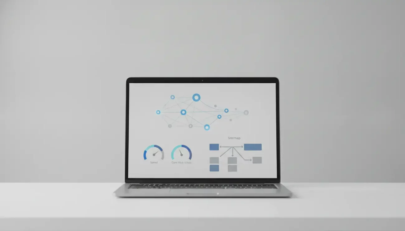 Laptop mit Diagrammen und Netzwerkgrafik auf dem Bildschirm.