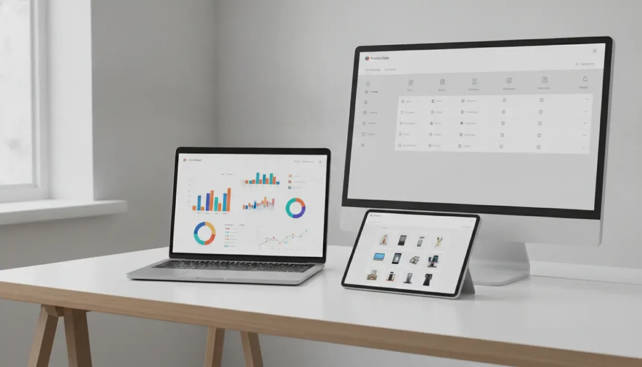Arbeitsplatz mit Laptop, Tablet und Monitor mit Diagrammen