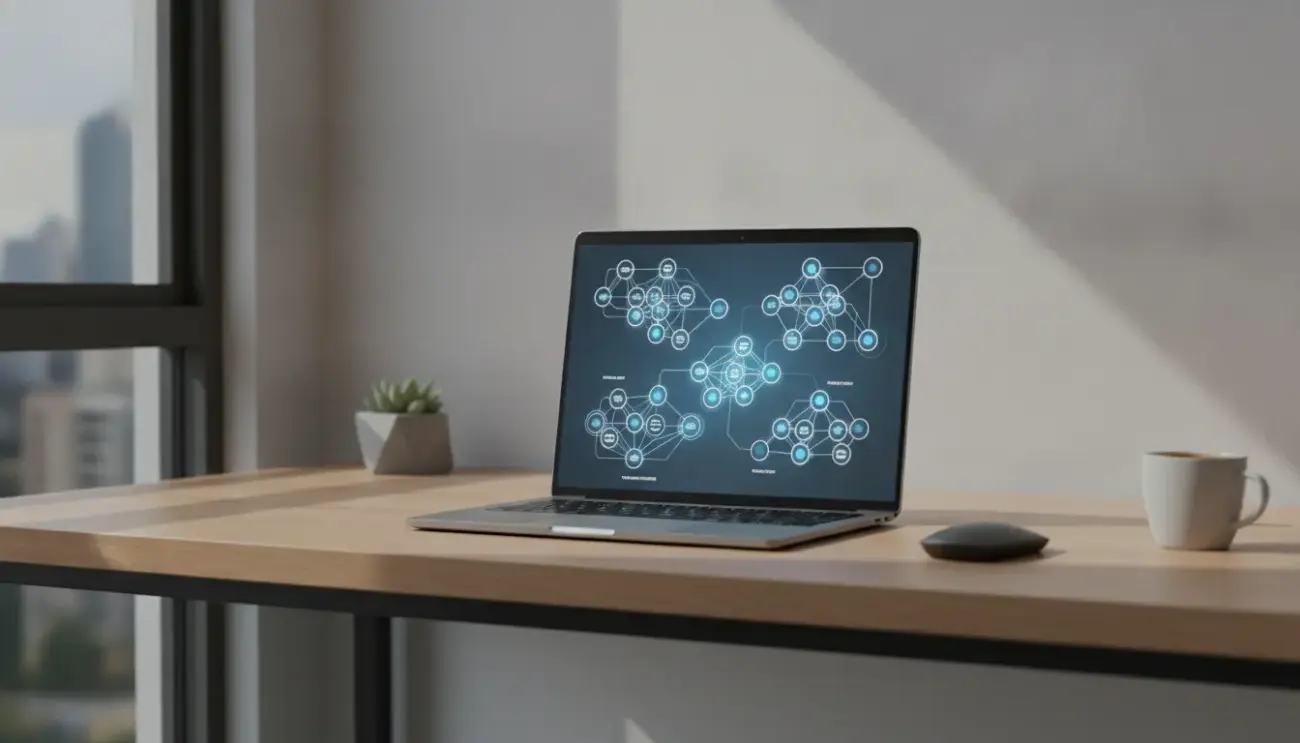 Laptop mit Netzwerkdiagramm auf Schreibtisch.