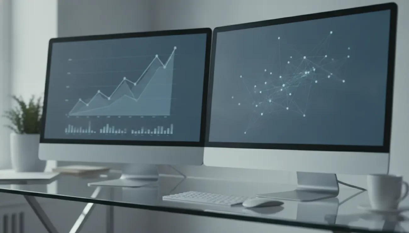 Zwei Monitore zeigen Graphen und Netzwerkdiagramm.
