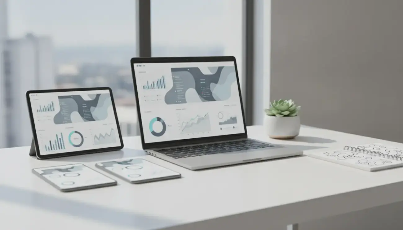 Arbeitsplatz mit Laptop und Tablets, Diagramme anzeigen.