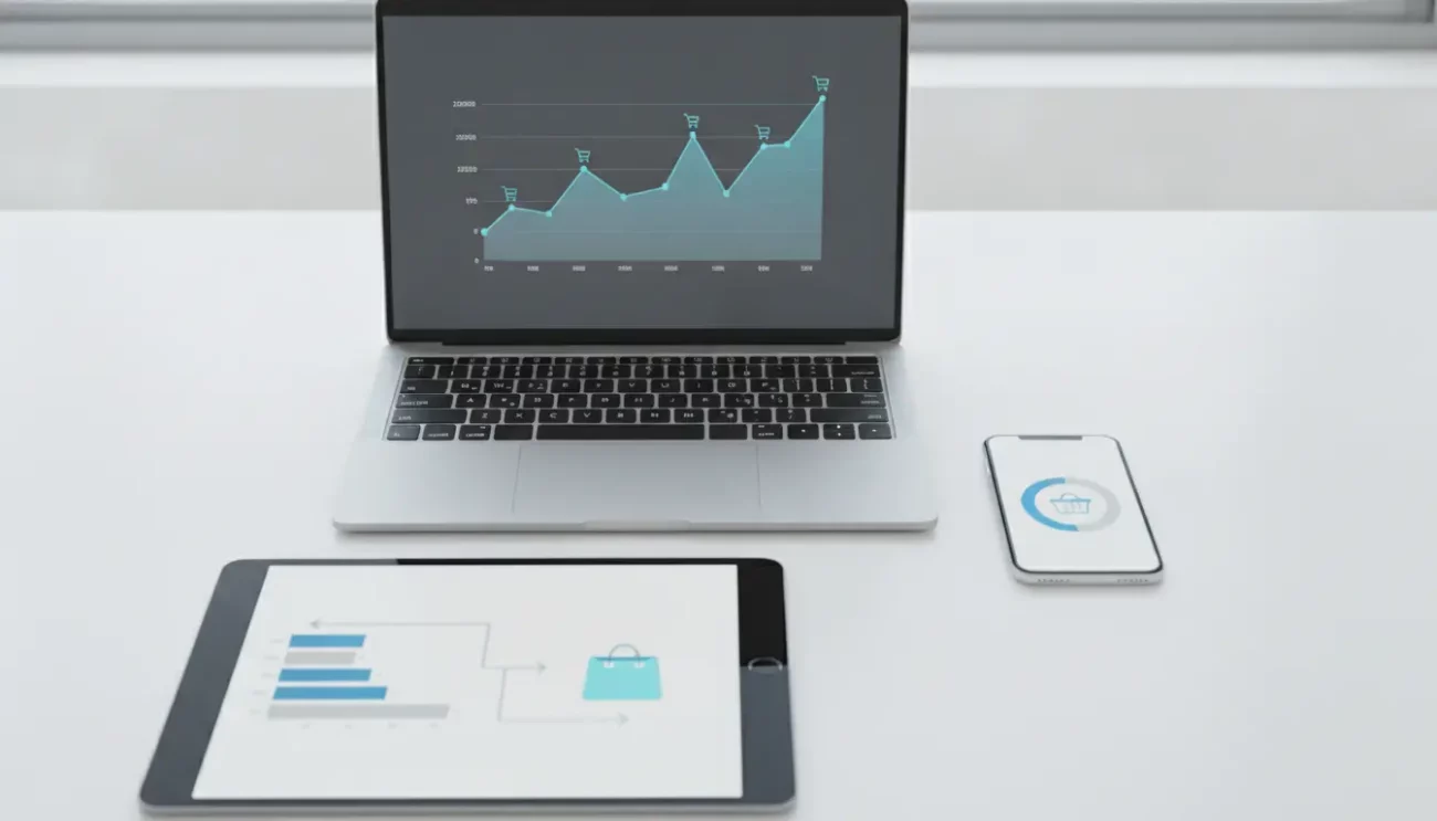 Laptop mit Diagrammen, Tablet und Smartphone auf dem Tisch.