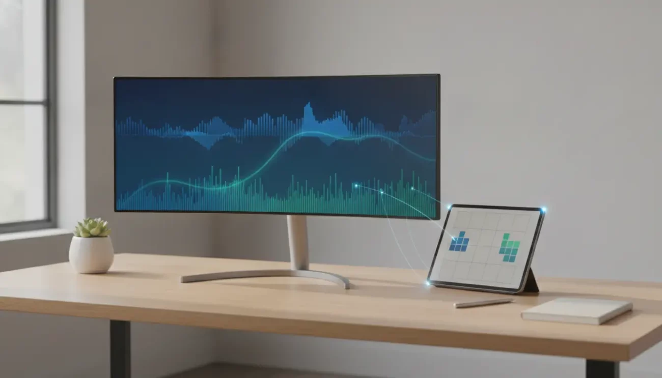Moderne Arbeitsstation mit Monitor und Tablet-Diagrammen