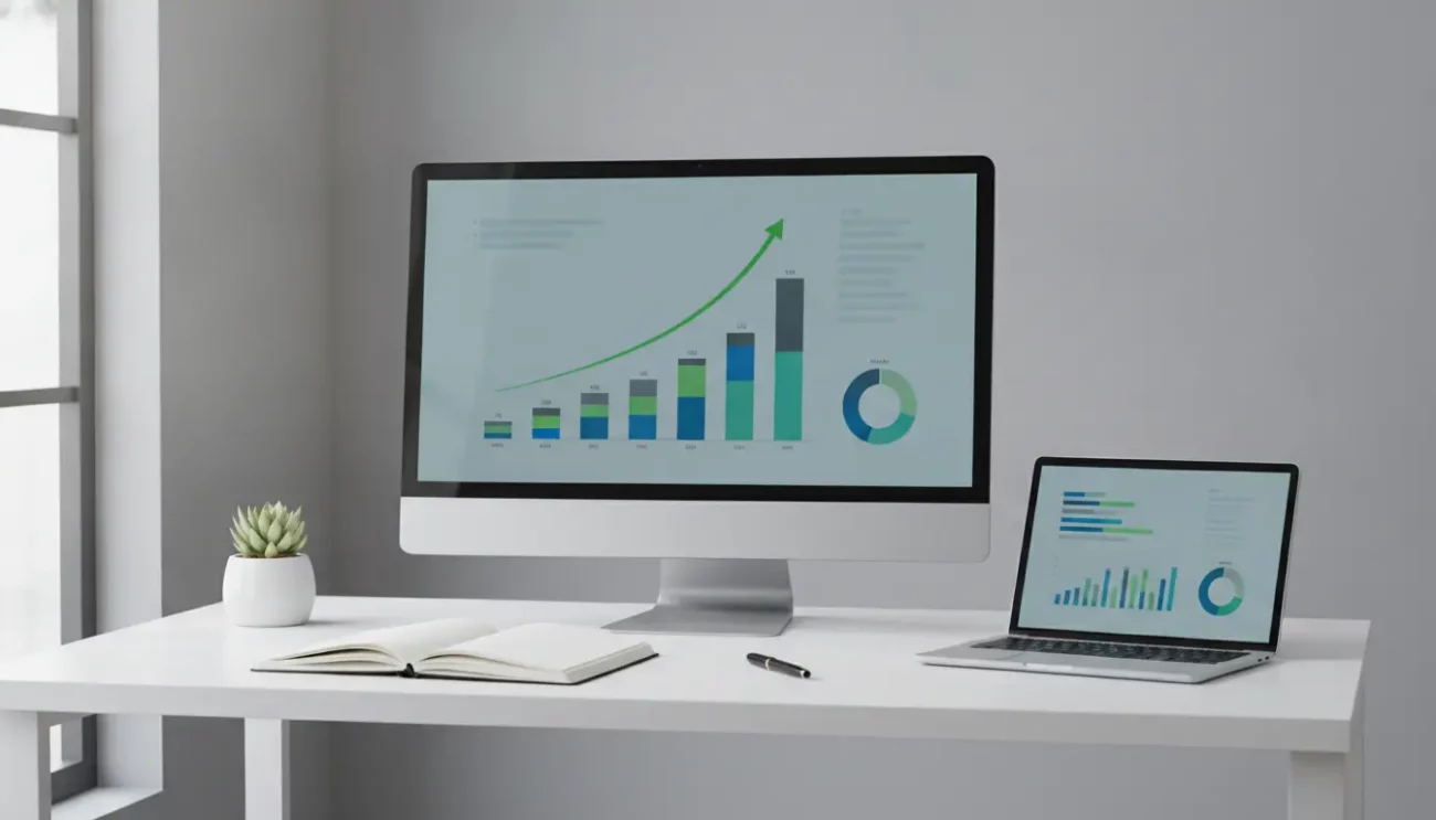 Arbeitsplatz mit großem Monitor und Laptop mit Diagrammen