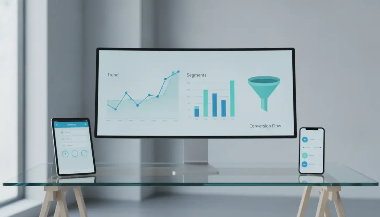 Monitor mit Diagrammen, Tablet und Smartphone daneben.