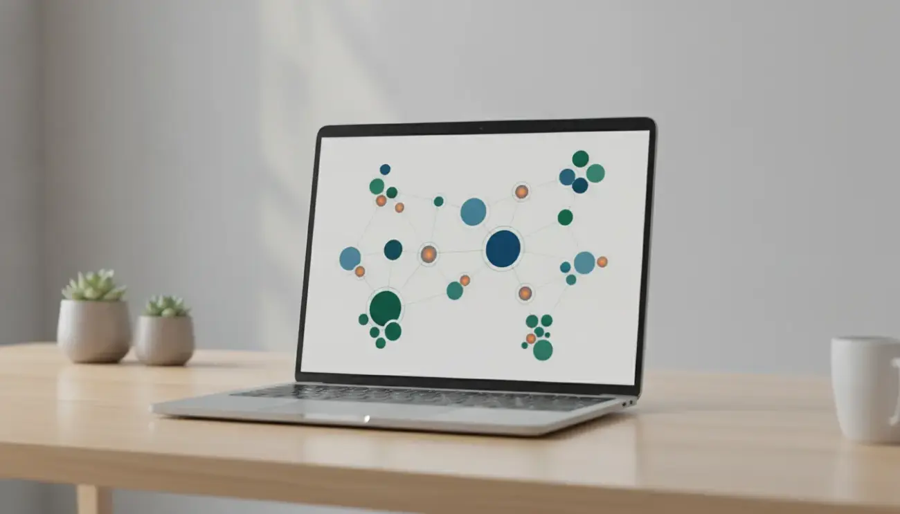 Laptop zeigt Netzwerkdiagramm auf Tisch, Pflanzen daneben.