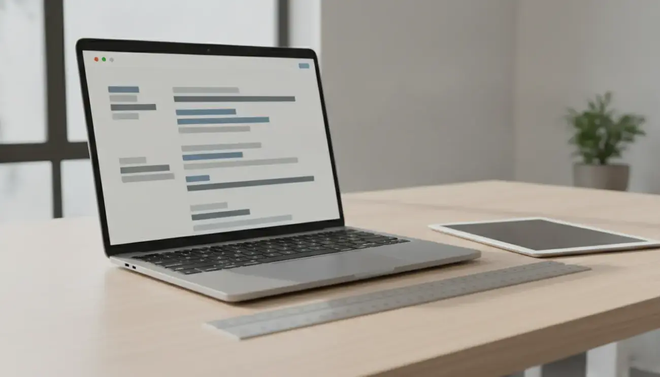 Laptop auf Schreibtisch mit Tablet, Lineal und Pflanze