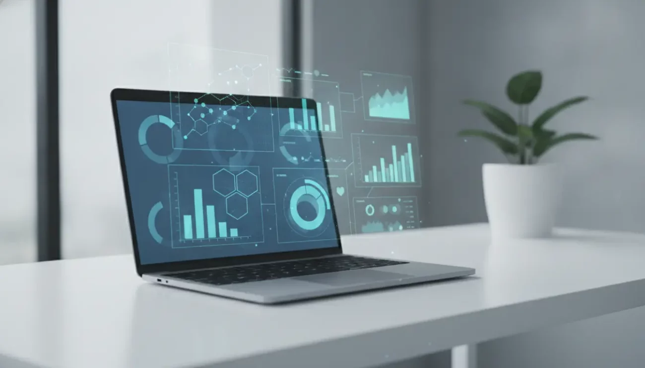 Laptop mit holografischen Diagrammen auf dem Schreibtisch.
