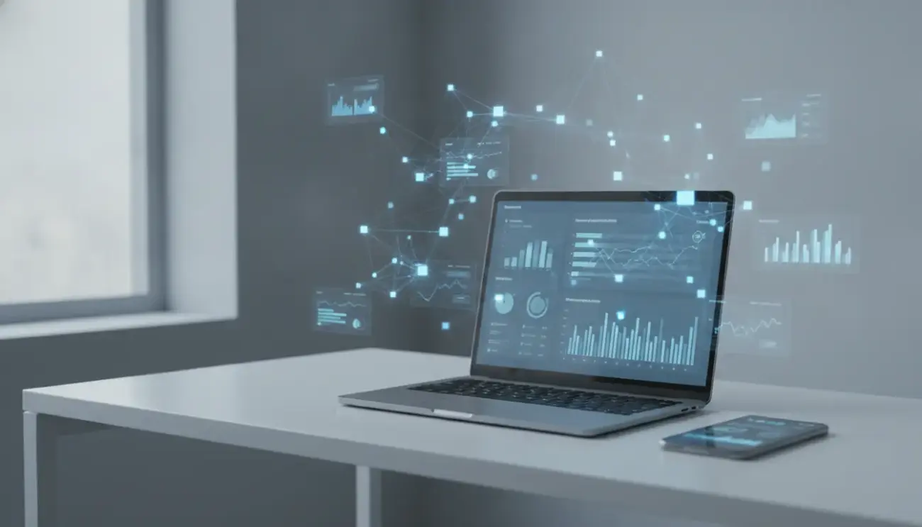 Laptop zeigt holografische Dashboards über dem Schreibtisch.